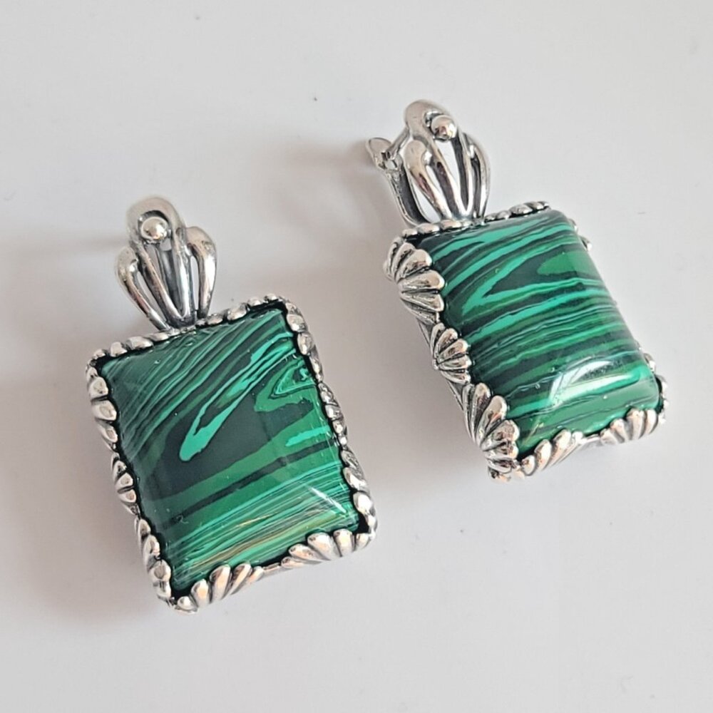 Sakura M Silver Plated Earrings Green Stone Ornate 3D Floral Leverback 1.5"